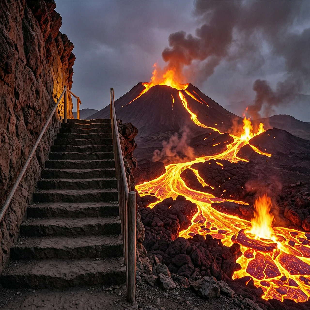 A dark staircase leading to a dark, hot, desolate, rocky world of burning volcanoes and bubbling lava. — работа пользователя Ночная Физика