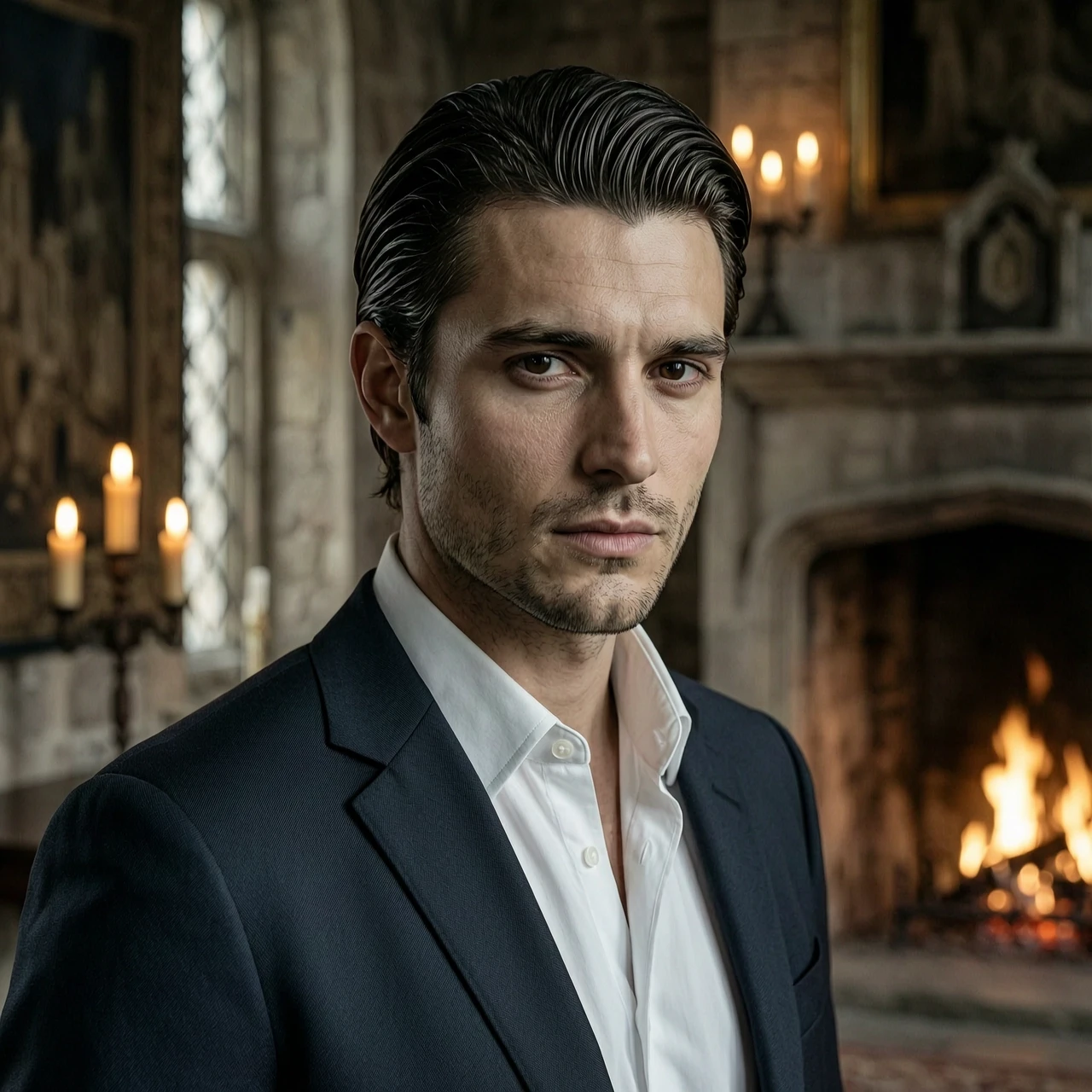 Realistic portrait of a handsome young man in his late 20s, dark brown hair slicked back, sharp jawline, intense dark eyes, aristocratic features, pale skin, wearing a dark…