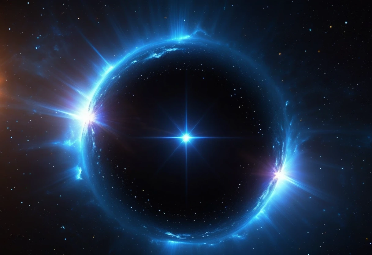 A stunning 16:9 cinematic space wallpaper. In the exact center, a massive, brilliant blue star shines with intense brightness and glowing lens flares. The surrounding deep black…
