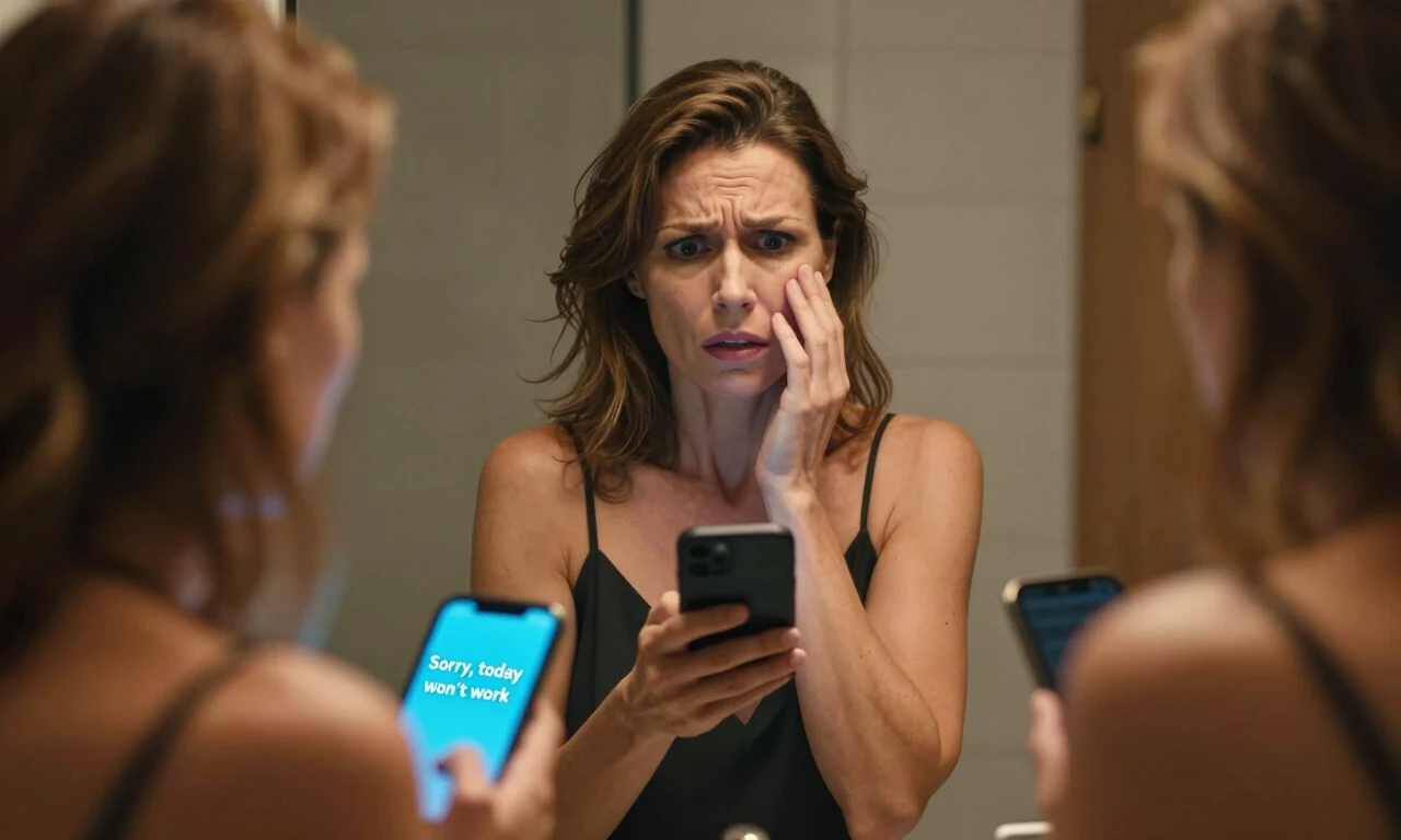 European woman, 42 years old, standing in front of a bathroom mirror, dressed for a date, holding a phone in her hand with a half-typed message "Sorry, today won't…