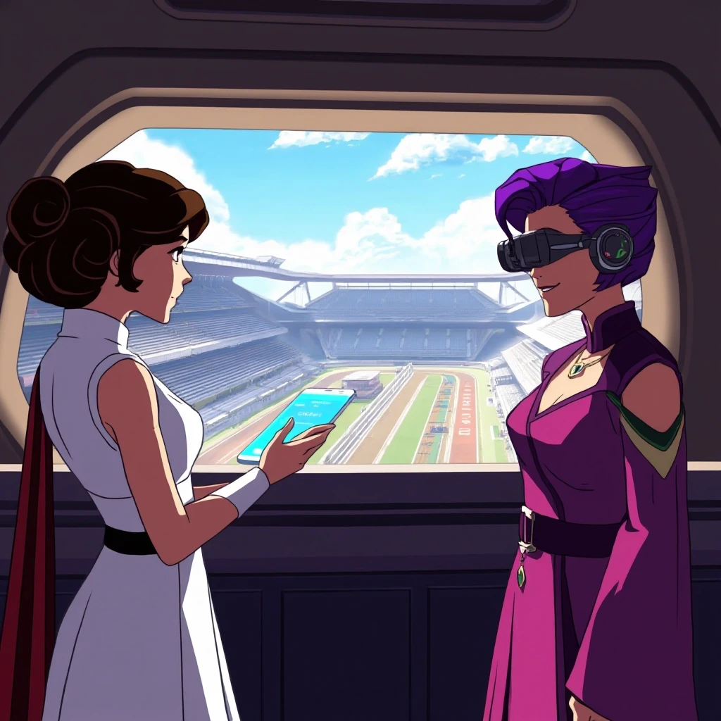 A vibrant sci-fi anime screenshot style from Star Wars rebels. Inside a luxurious futuristic VIP viewing balcony overlooking a massive sunny sci-fi racing stadium on Alderaan.…