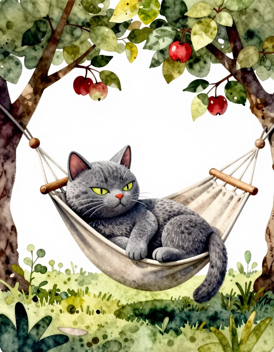 A masterpiece. Create an image. Watercolor painting style: ((Grey cat with sly sly eyes):1.6 dozing in a hammock under the apple trees in the garden):1.6, clear edges, clear…