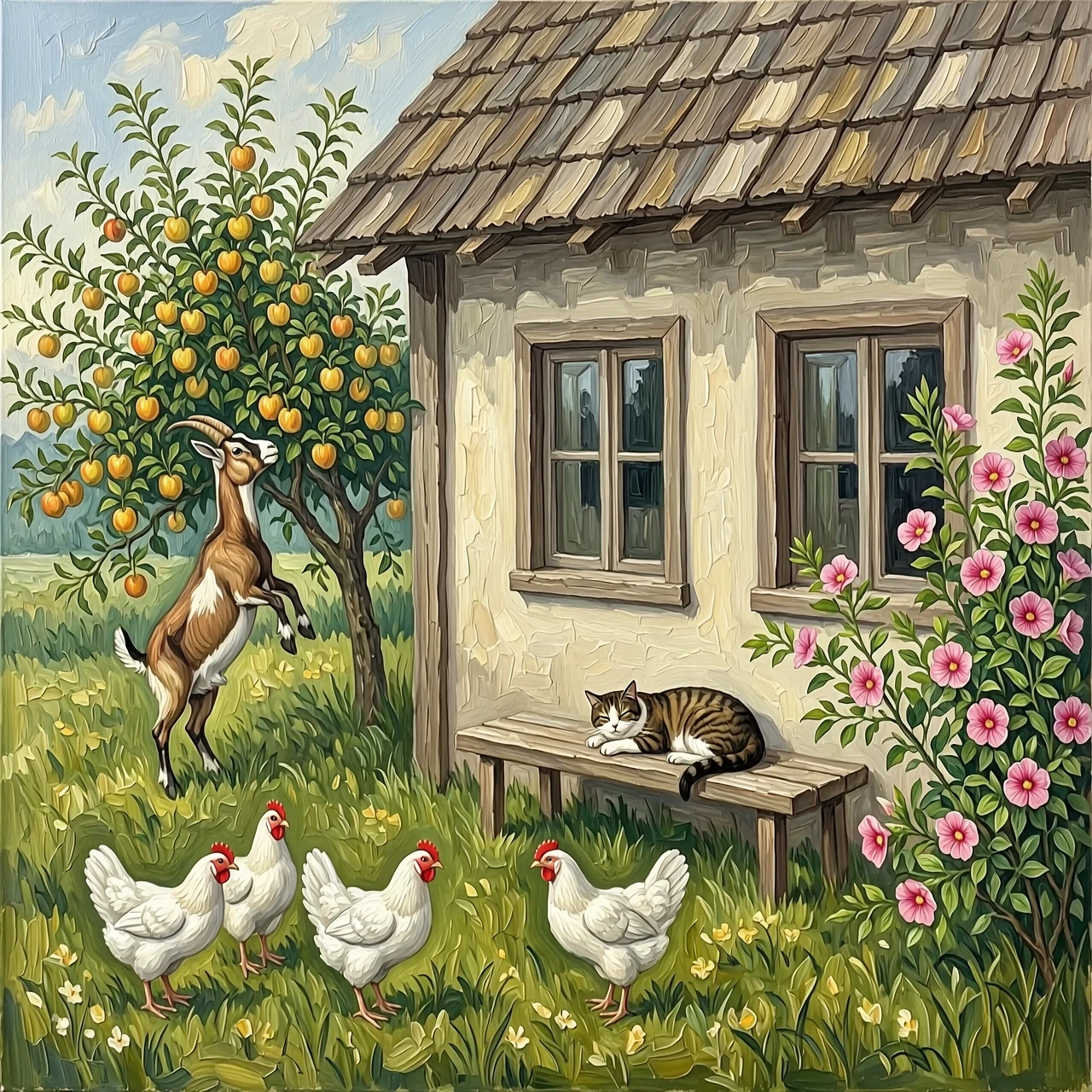 Рисунок маслом. Дом деревенский с двумя окнами. На заднем плане яблоня, коза стоит на задних лапах пытается достать верхнее яблоко. Перед окнами скамья без спинки, на ней спит…