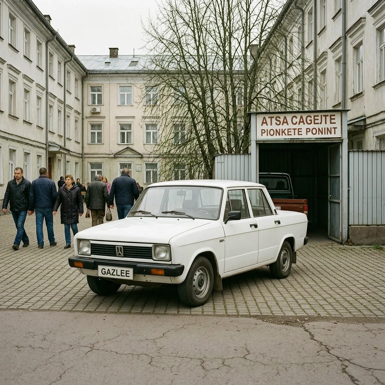 A white GAZelle drives through busy residential courtyard in Russia, parking near a pickup point entrance. Tracking shot from street level. — работа пользователя Ослепительная Муза