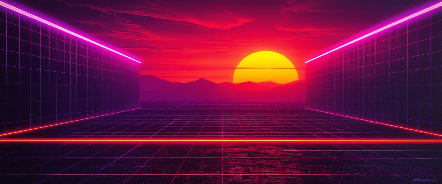 Synthwave retro gaming banner, neon purple and sunset orange wireframe grid horizon, 80s arcade gaming aesthetic, glowing digital lasers, pixel art particle effects on borders,…