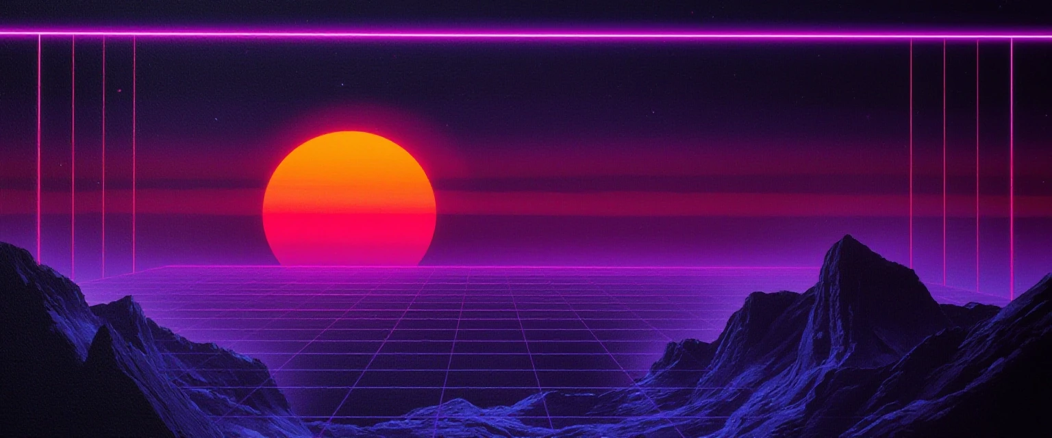 Synthwave retro gaming banner, neon purple and sunset orange wireframe grid horizon, 80s arcade gaming aesthetic, glowing digital lasers, pixel art particle effects on borders,…