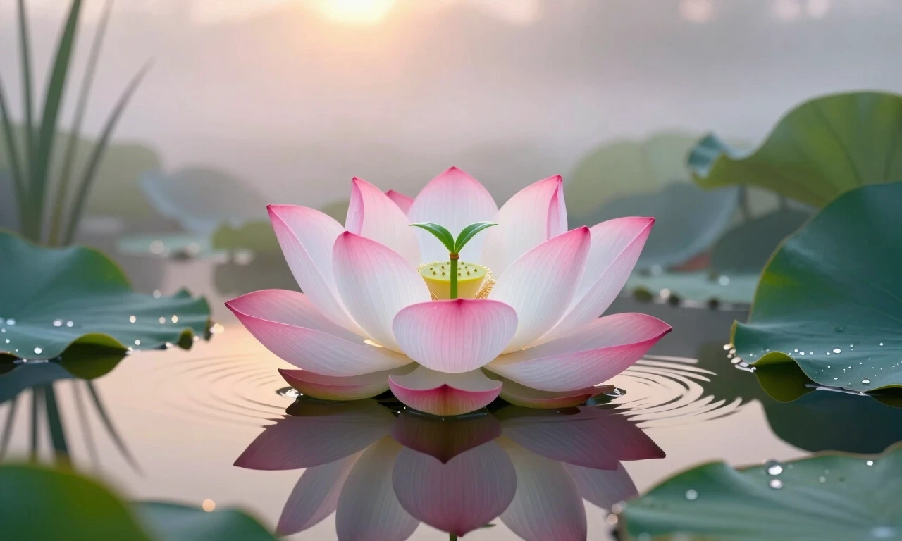 In the center of a blooming lotus, symbolizing divine origin and purity, a tiny green sprout grows. The blooming lotus has delicate pink petals with a white glow from within,…