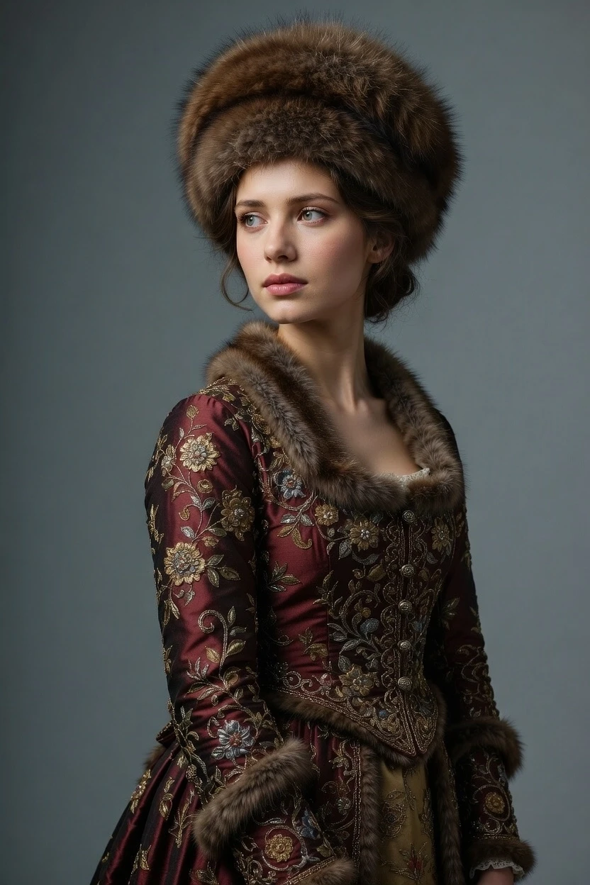 Portrait of a 22-year-old young woman, in an elegant historical costume, standing three-quarters view and looking into the distance with a slight expression of thoughtfulness.…