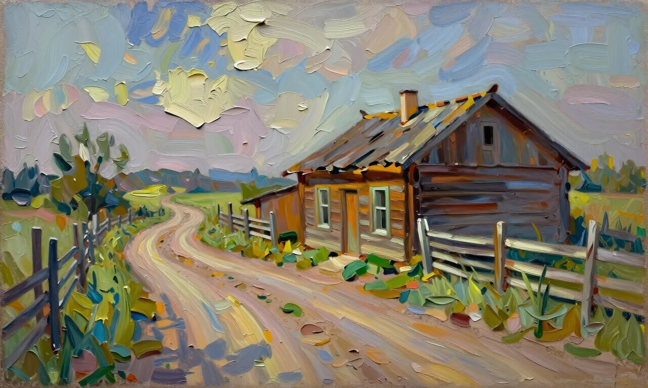 impressionist painting a modest rural plot. The sun-warmed wood of an old house - rickety from time to time; The road passing by is a dirt road, worn out by recent rains, but…