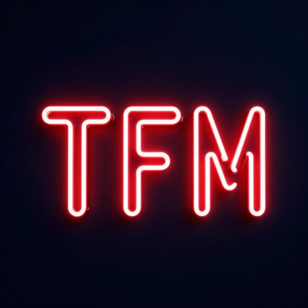 Three large capital letters T F M in vivid red neon tube style, centered composition, bright neon glow on dark navy matte background, white core with red outer glow, cyberpunk…