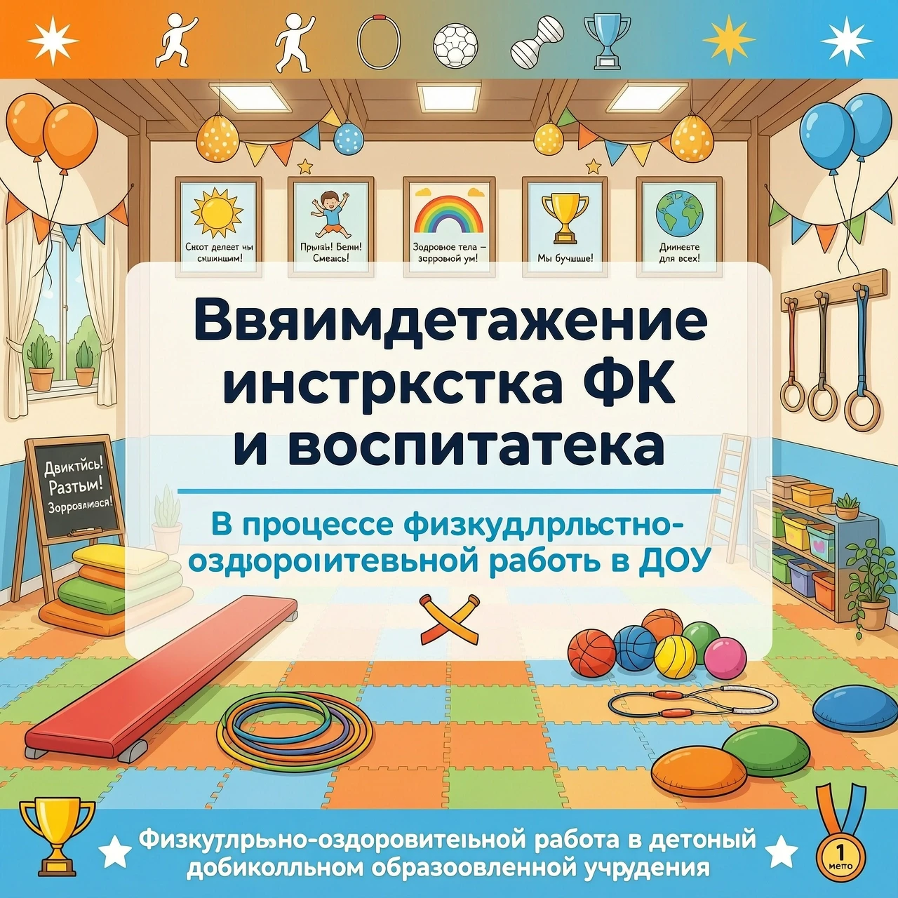 Добавить текст по середине Взаимодействие инструктора ФК и воспитателя В процессе физкультурно - оздоровительной работы в ДОУ Сделать задний фон в виде спорт зал сделать более…