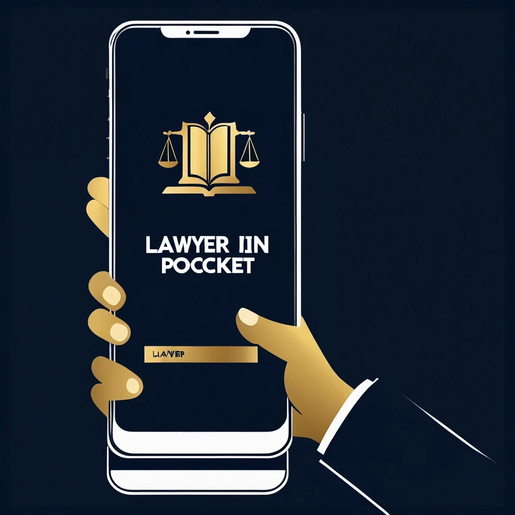 Minimalist poster, dark navy background, a smartphone in a person's hand, a law book with golden letters flying out of the phone, silhouette of a person in the background,…