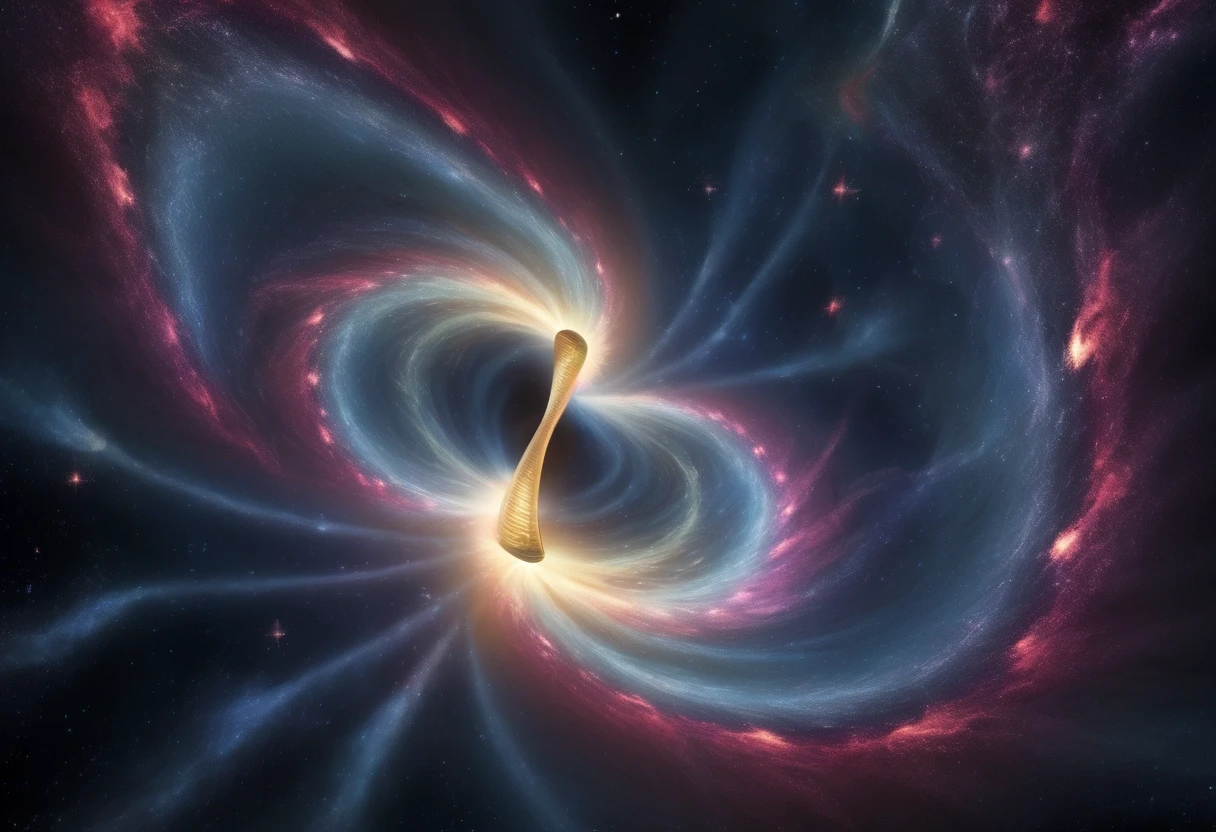 "A massive galactic quantum spiral shaped like an hourglass, consisting of two gigantic rotating energy funnels that taper and meet at the exact center. A blinding quantum…