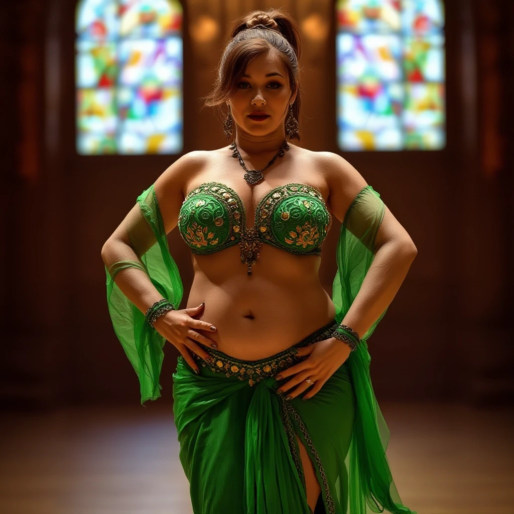 front view chubby belly dancer fifty years woman in green costume brown short ponytail hair stand in hall — работа пользователя Прекрасная Мантикора