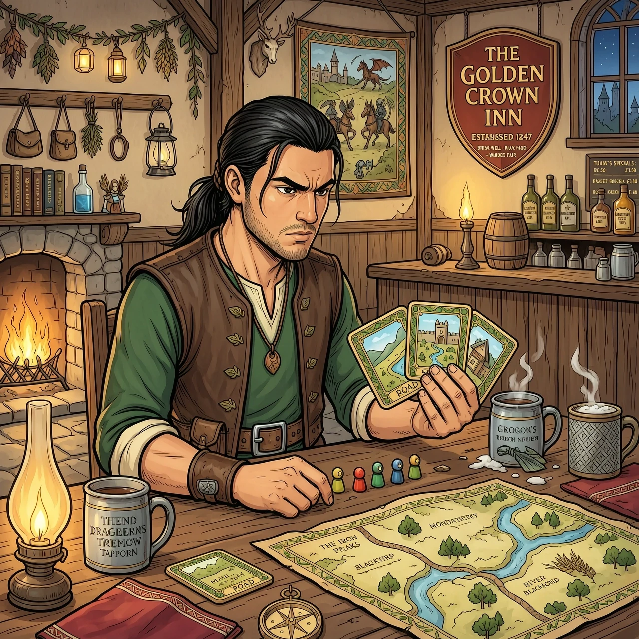 A medieval fantasy comic book illustration. A young man with long dark hair tied back in a ponytail is sitting at a wooden tavern table, looking intensely at board game cards in…