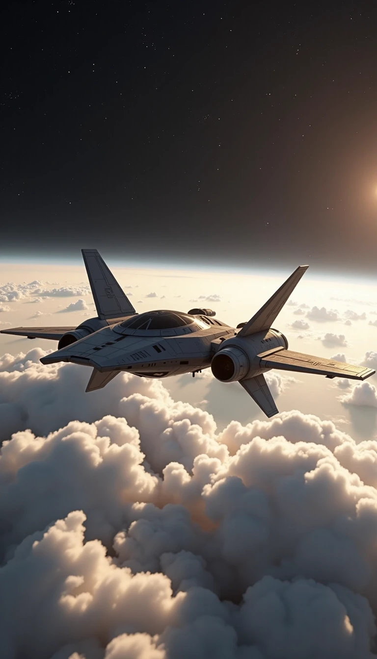 Cinematic sci-fi shot of an aggressive, angular dark grey spaceship hovering in the upper stratosphere. The ship features flat, vertical, weakly glowing pale gray wing plates.…