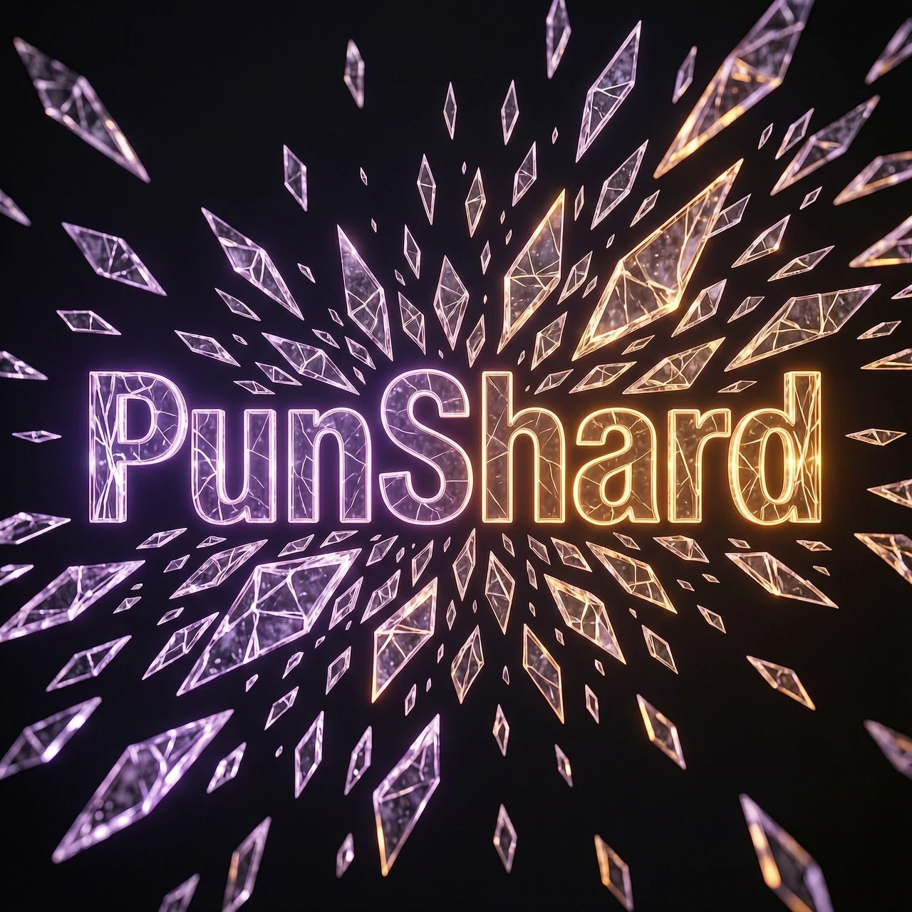 Cinematic digital art masterpiece of the typography "PunShard" undergoing a violent, high-speed fragmentation. The letters are shattering into thousands of sharp,…