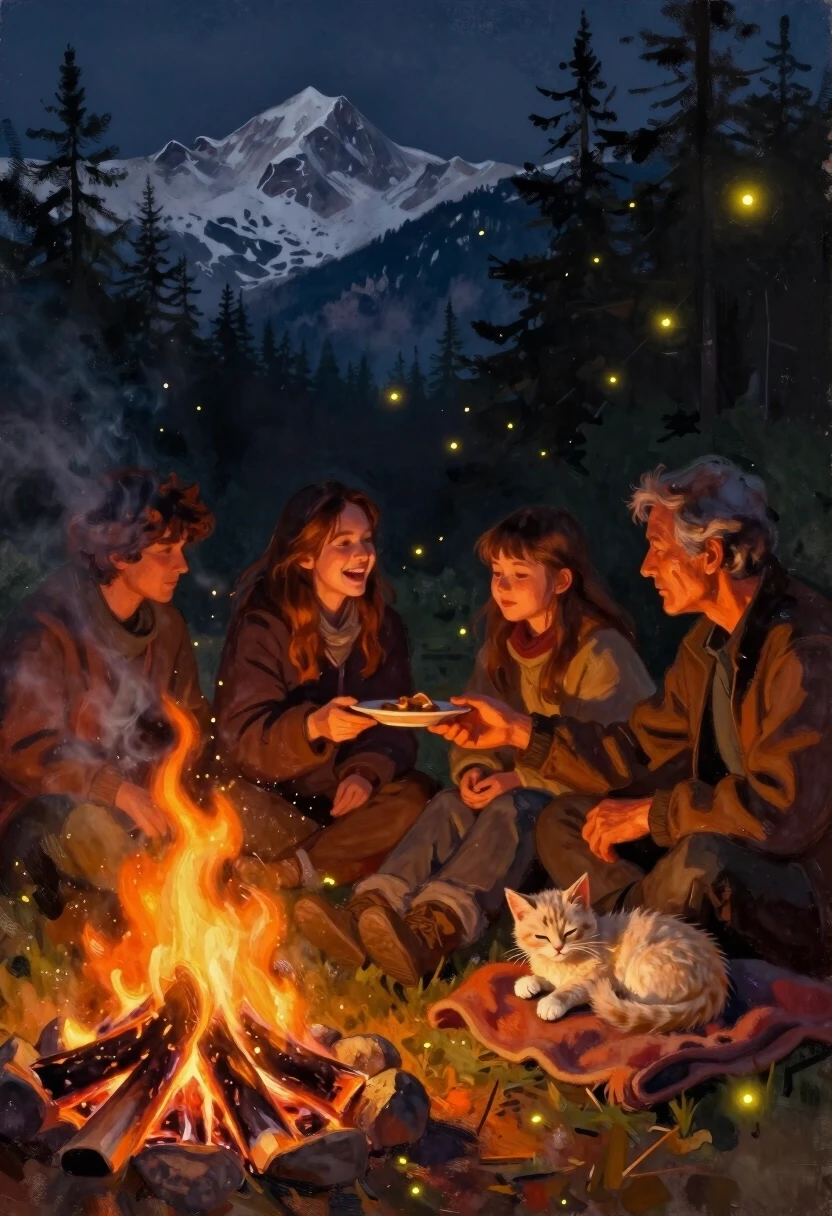 Digital painting style, oil and watercolor blend, visible brushstrokes, painterly texture. Cinematic composition with a diagonal fire at the bottom left corner, drawing the eye…