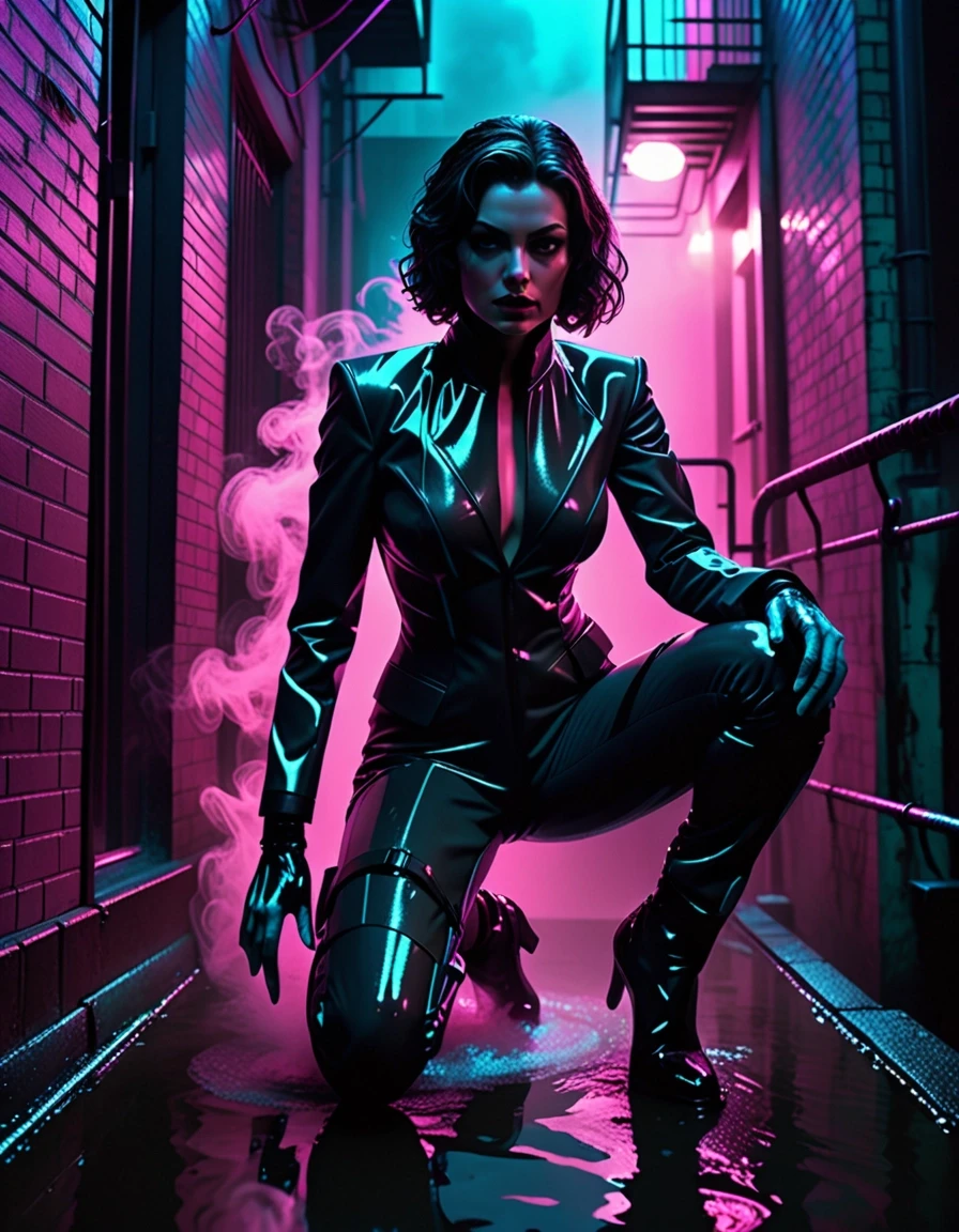 Moody neo-noir cinematic shot. Selina Kyle in a sleek tactical suit crouched on a wet fire escape in a narrow dark alleyway. Soft pink and cyan neon light illuminates her sharp…
