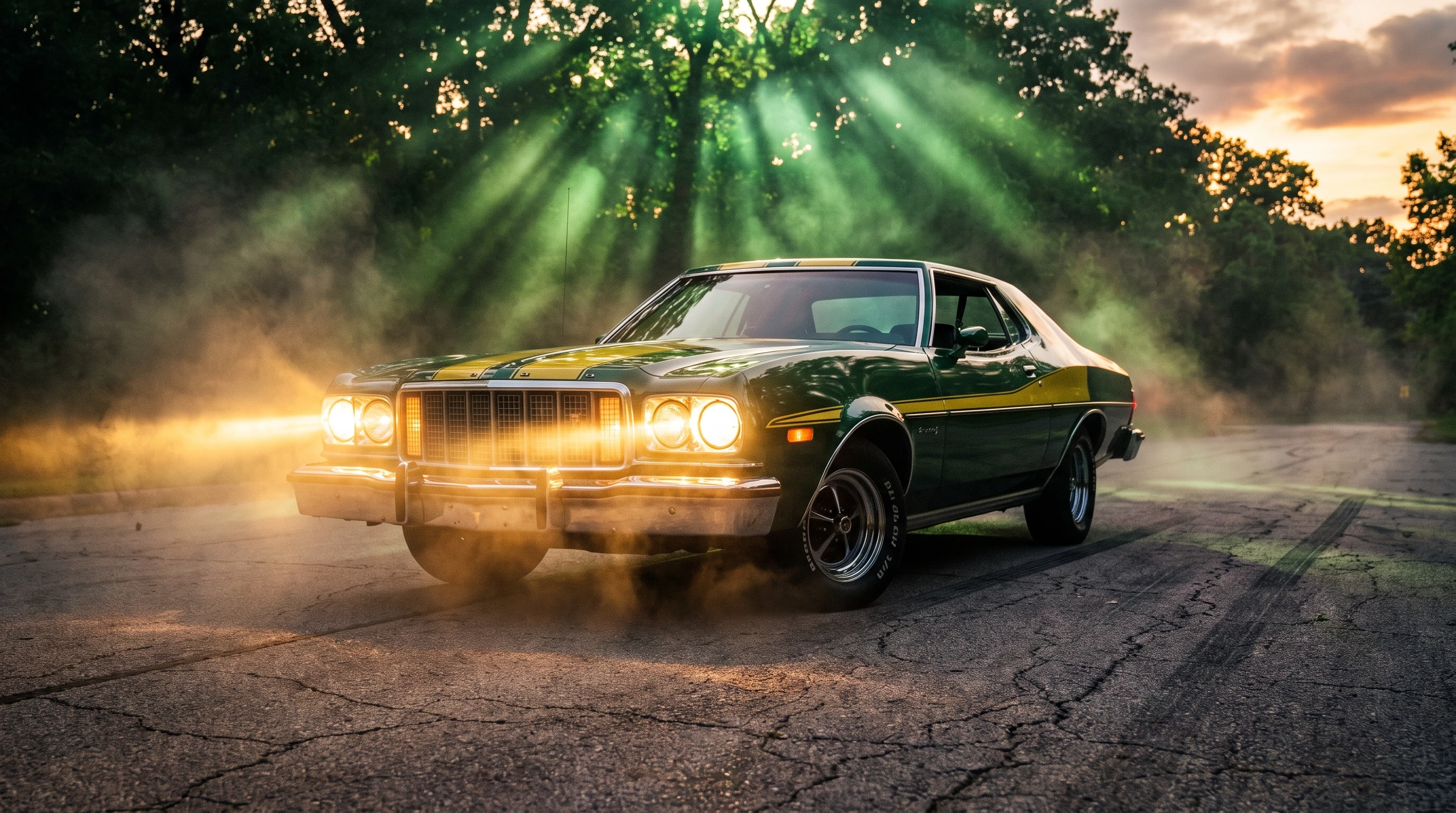 Ford Gran Torino, тёмно-зеленый окрас, желтые полоски, стоит на асфальте, эпичный ракурс, зелёные лучи, горящие фары, кинематографичная съёмка, шедевр — работа пользователя…