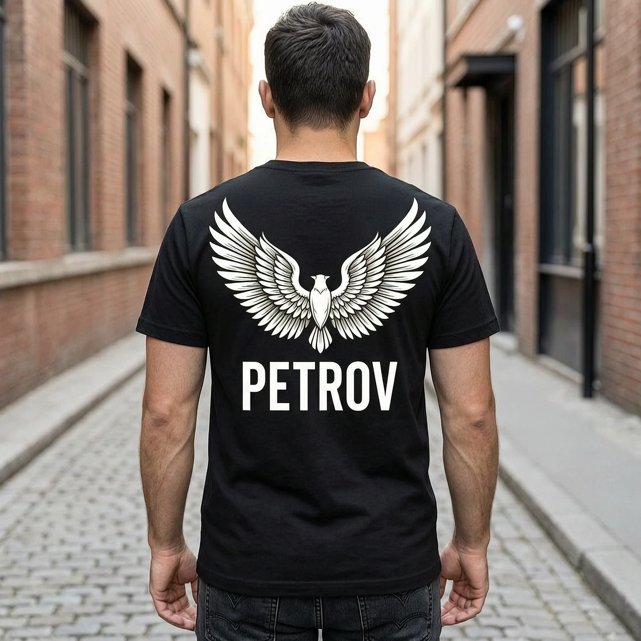 чёрные футболки с рисунком крыльев и надписью PETROV — работа пользователя Оригинальная Искра
