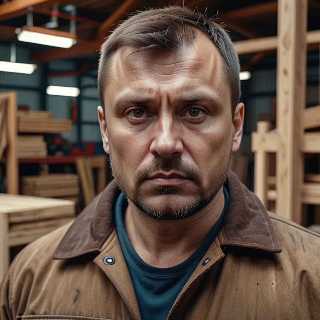 Close-up portrait of a 40-year-old Russian man, stocky build, round face, clean-shaven, short straight brown hair with a neat flat fringe. Calm, serious and focused expression,…