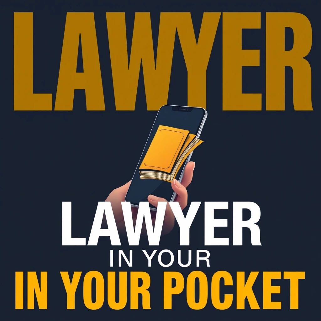 Minimalist poster, dark navy background, a smartphone in a person's hand, a law book with golden letters flying out of the phone, silhouette of a person in the background,…