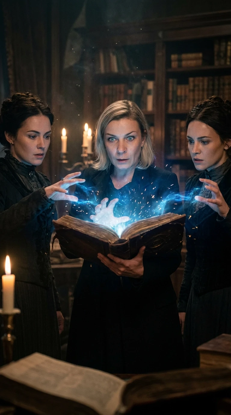 Cinematic film still from a supernatural drama series, high-quality television production aesthetic. A group shot featuring a woman as a powerful sister of the Charmed Ones,…