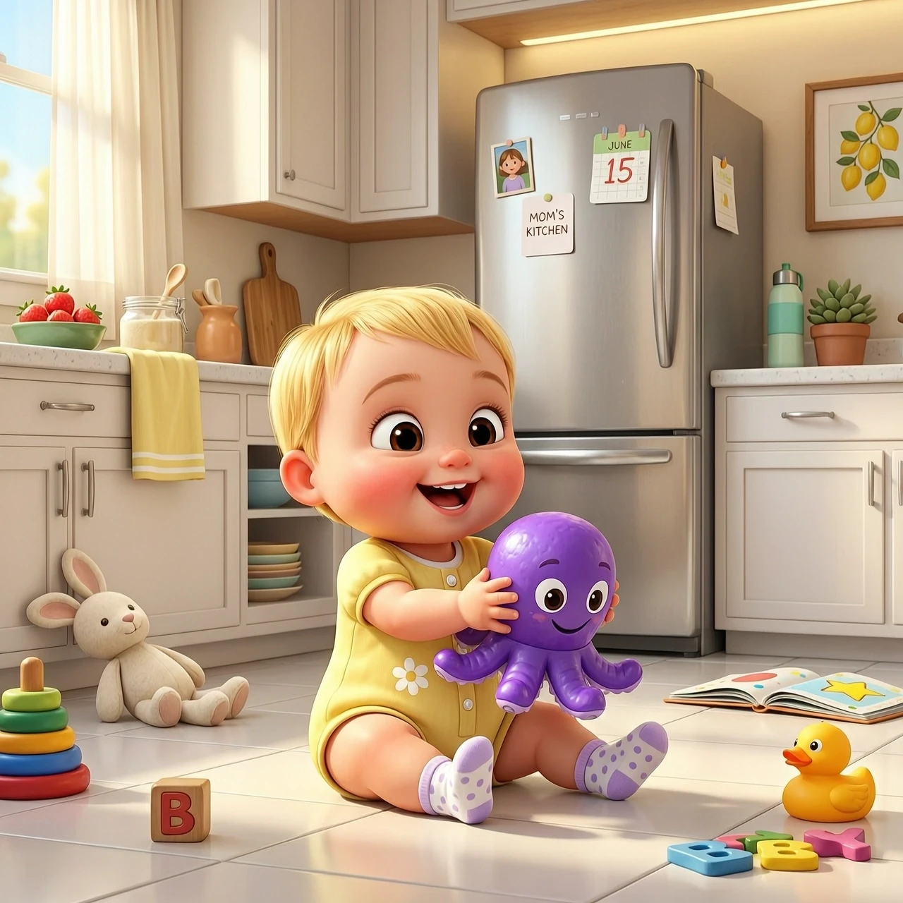 3D animation Pixar style. A cute 10-month-old baby girl with dark beautiful eyes and light hair is sitting on a clean light floor in a cozy modern kitchen. She is smiling and…