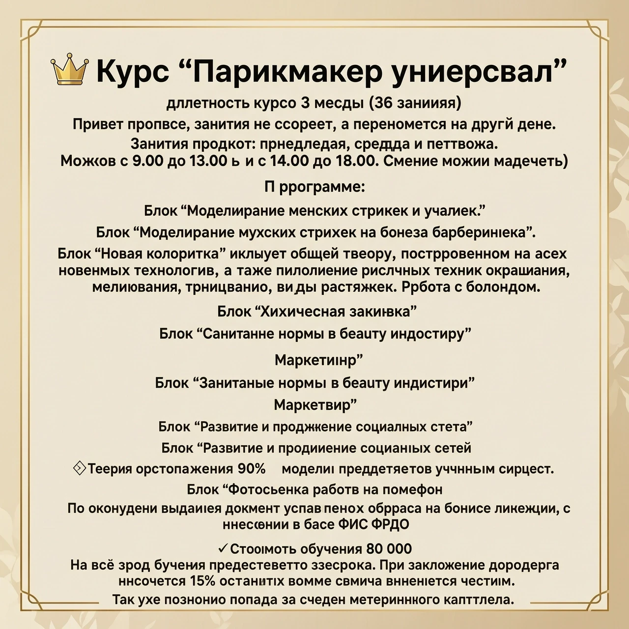 Приглашение на обучение по курсу Парикмахер 👑 Курс "Парикмахер универсал" длительность курса 3 месяца (36 занятий) Привет пропуске, занятие не сгорает, а переносятся…