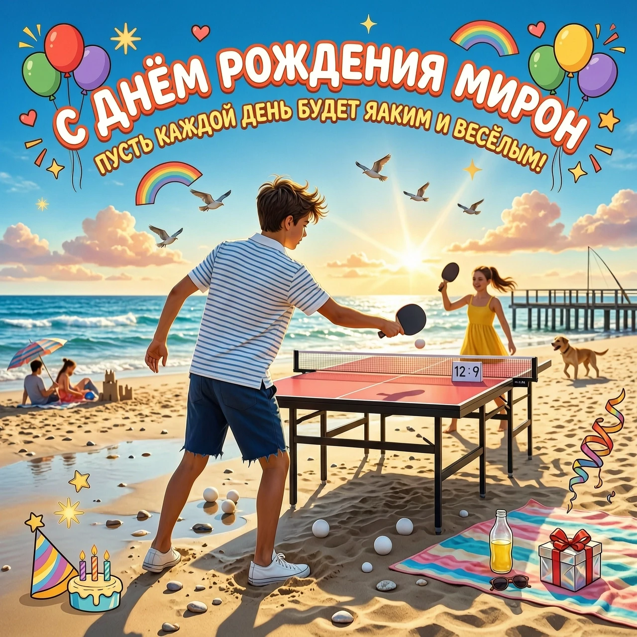 Подросток играет в настольный теннис на морском побережье.стоит спиной. Общий настрой картинки праздничный . Фото в стиле мультика надпись «с днем рождения мирон» . Без…