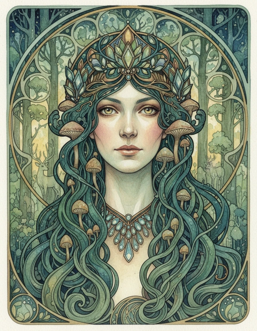 A real masterpiece. How artificial intelligence would depict: (Aesthetics: Impressionism. The image is made in watercolor technique. Art Deco and forest nymphs). Intense…