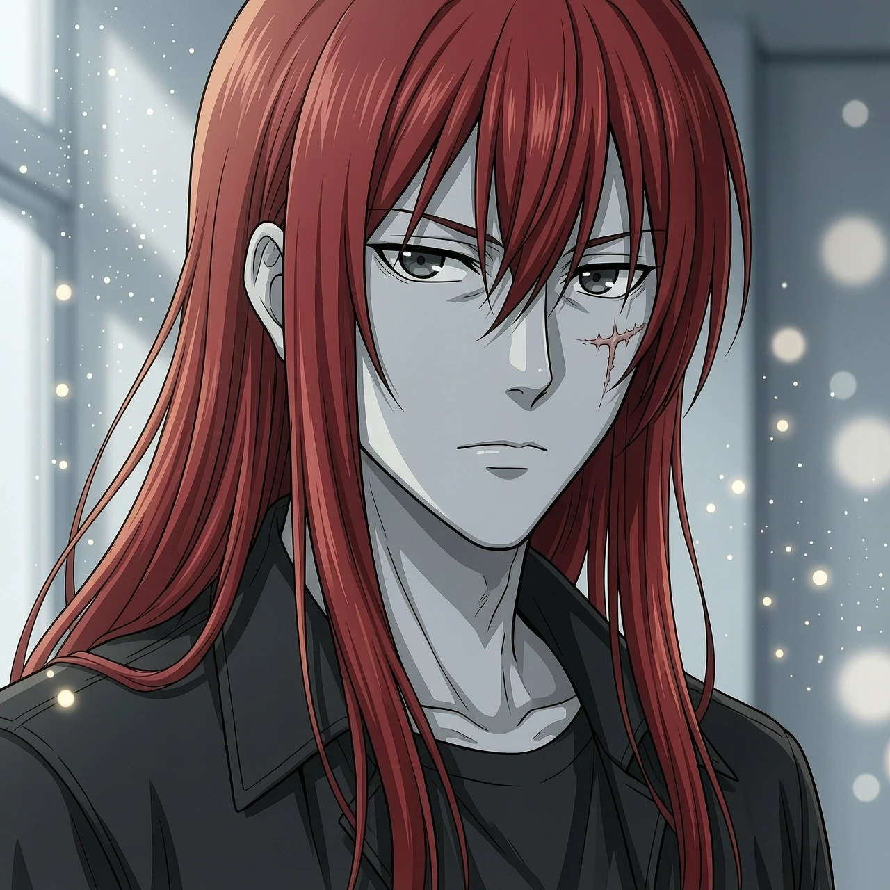 1boy, black jacket, black shirt, blurry background, closed mouth, depth of field, expressionless, grey eyes, indoors, jacket, light particles, long hair, looking at viewer, male…