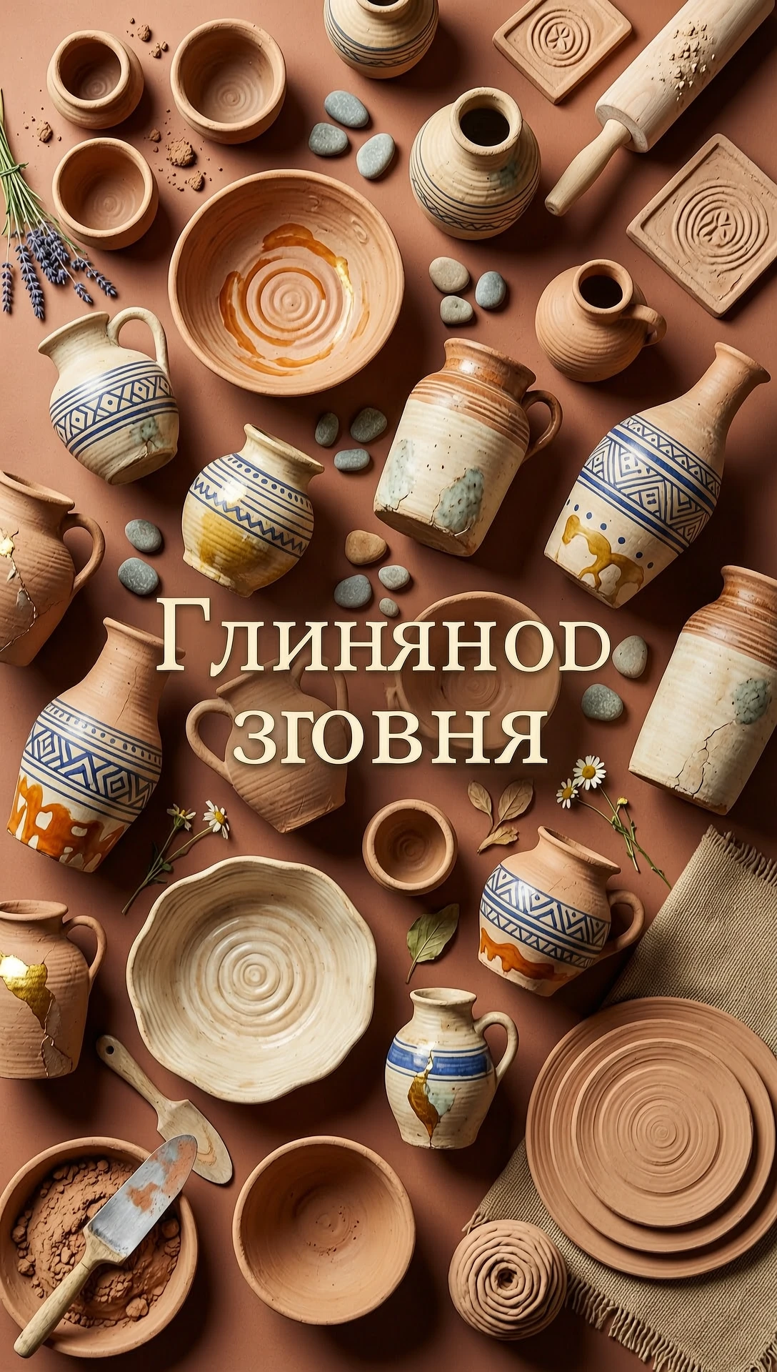 создай фон для афиши Глиняного звона, без текста, используй для фона глиняную посуду — работа пользователя Сказочная Волна