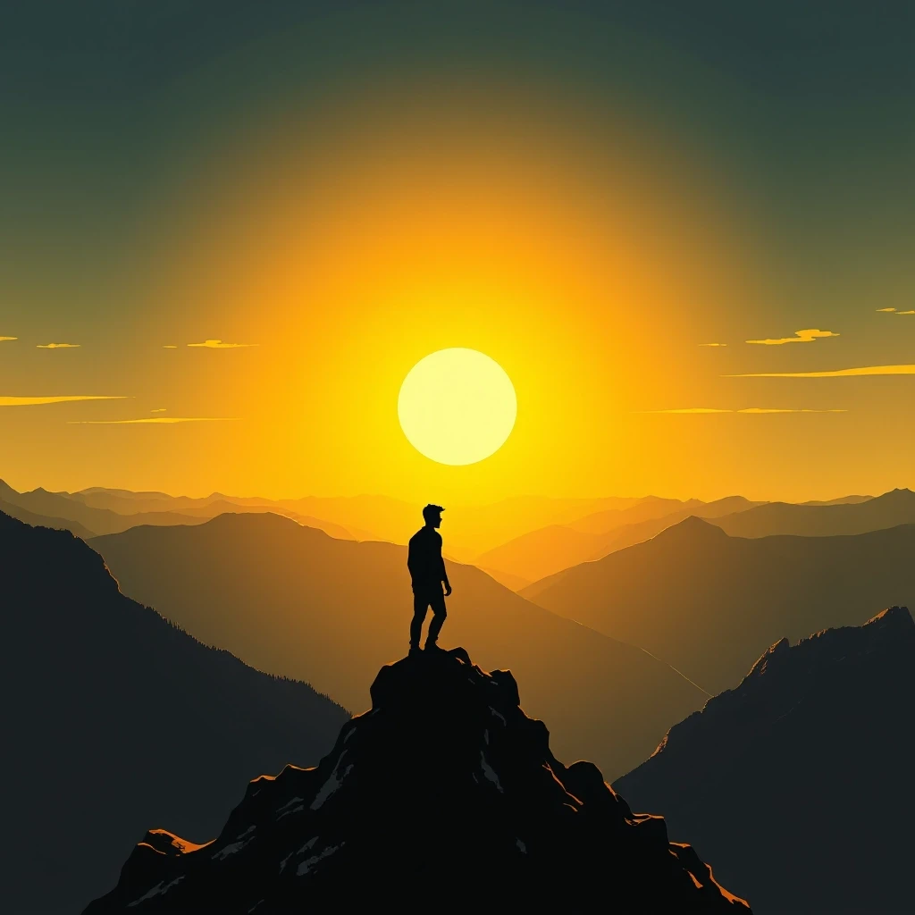 A human silhouette standing on a mountain peak, golden light shining from the sky, surrounded by vast open space, comic book style with cinematic dramatic lighting, dark graphic…