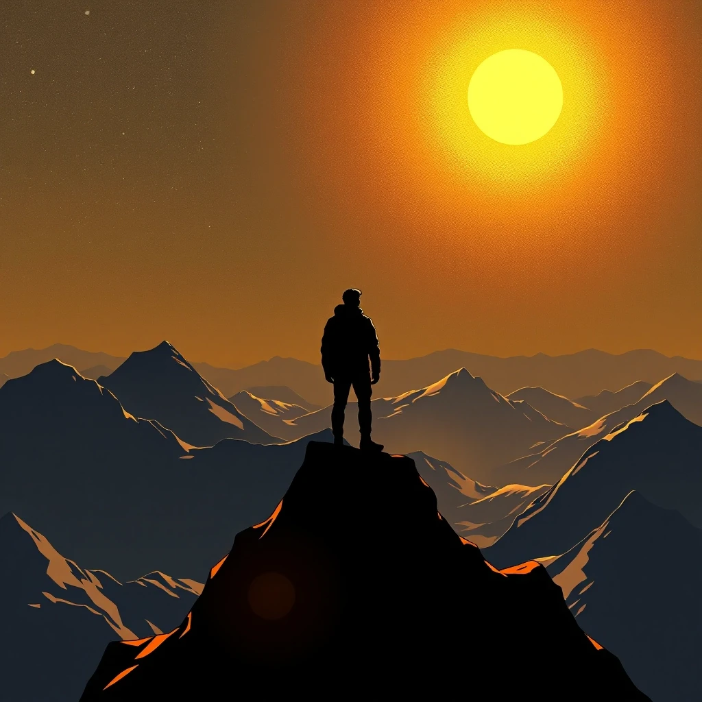 A human silhouette standing on a mountain peak, golden light shining from the sky, surrounded by vast open space, comic book style with cinematic dramatic lighting, dark graphic…