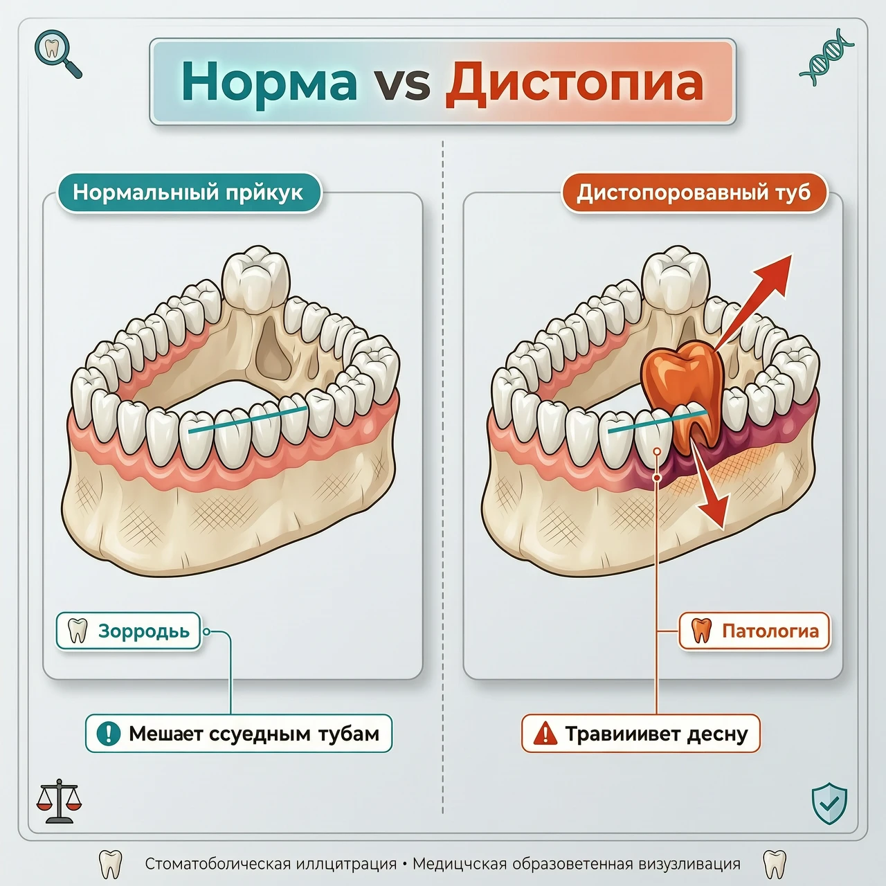 Схема «Норма vs Дистопия»: Два изображения челюсти рядом: слева — правильный прикус, справа — дистопированный зуб (выделен цветом). Подписи: «Мешает соседним зубам», «Травмирует…