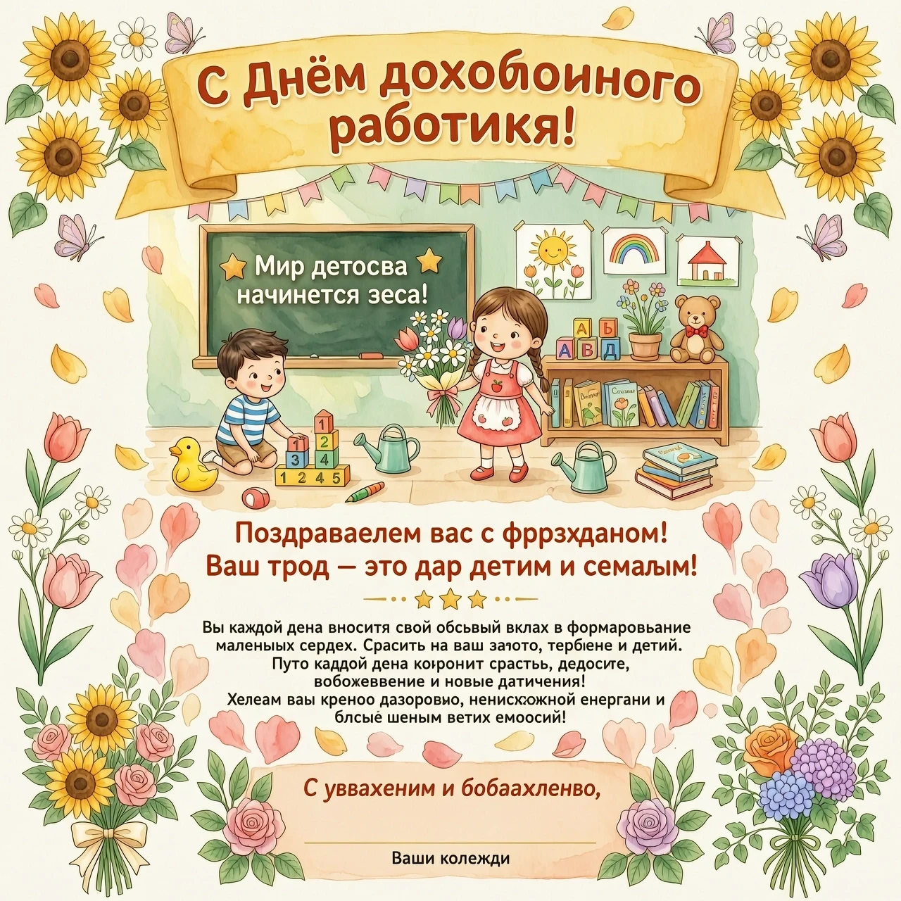 Создай изображение в предложенном стиле без фотографии, поздравительную открытку для коллег с Днём дошкольного работника. Напиши поздравления коллегам, добавь цветы — работа…