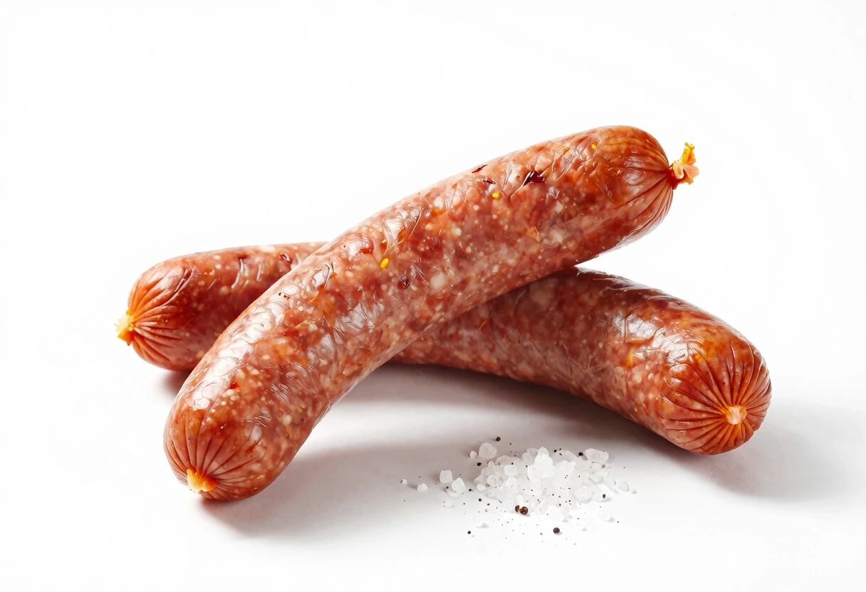 An award-winning, professional-grade photograph set against a pristine white background. A true masterpiece—exquisitely beautiful. A stick of smoked sausage rests atop a bed of…