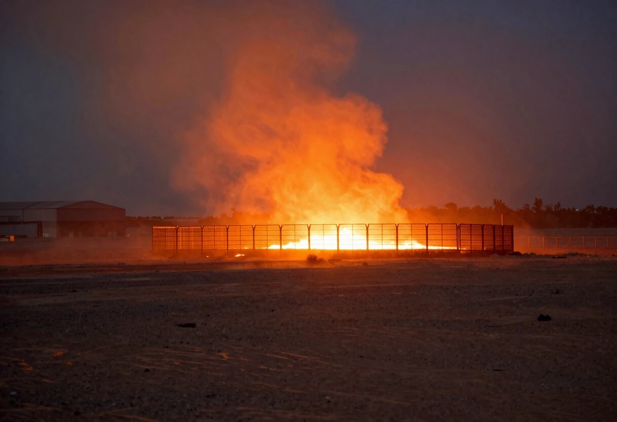 A vast, empty desert plain stretching into the distance under a hazy, dusty sky. In the background, a tall metal grid fence glows against a bright fiery light source behind it,…