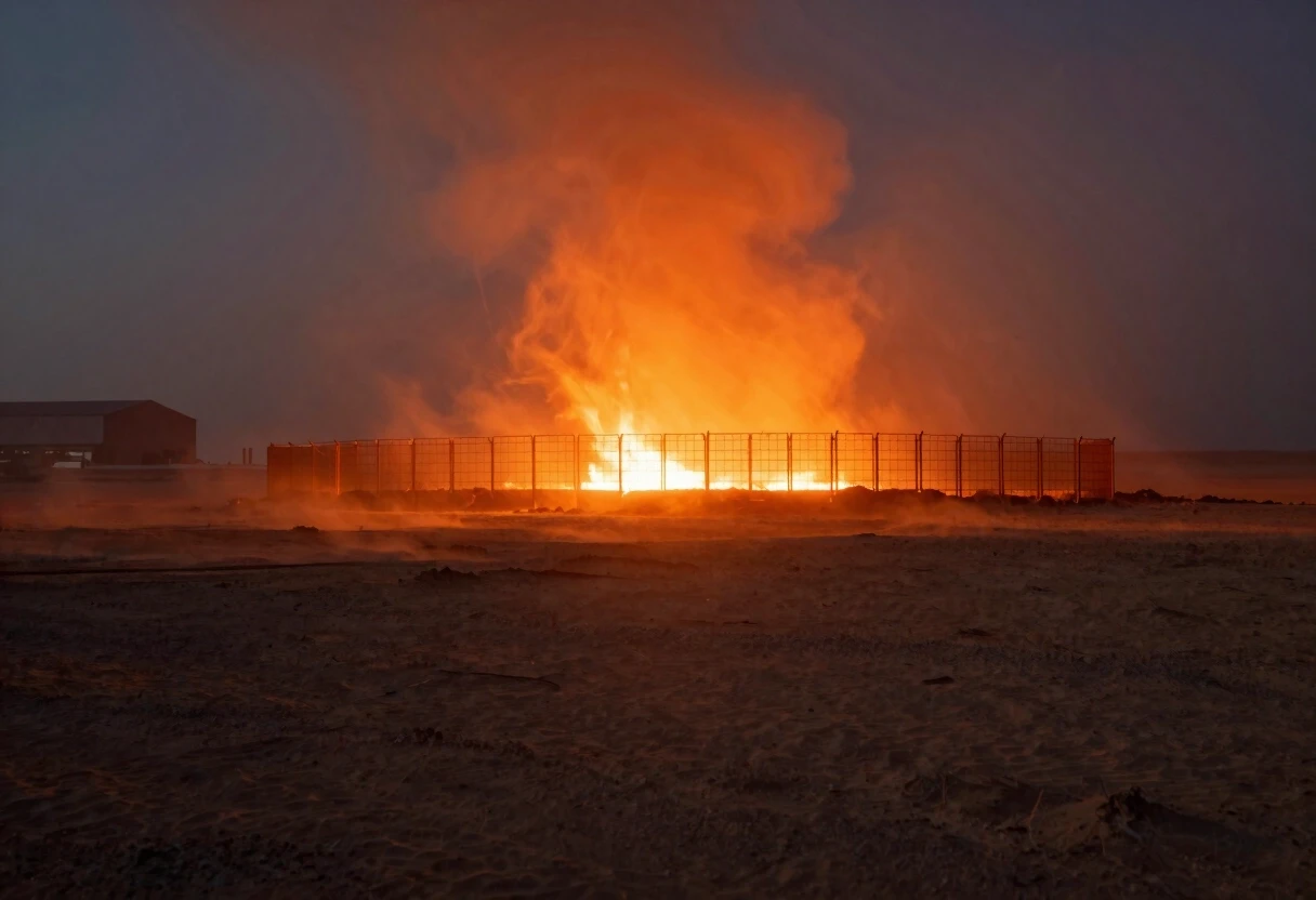 A vast, empty desert plain stretching into the distance under a hazy, dusty sky. In the background, a tall metal grid fence glows against a bright fiery light source behind it,…