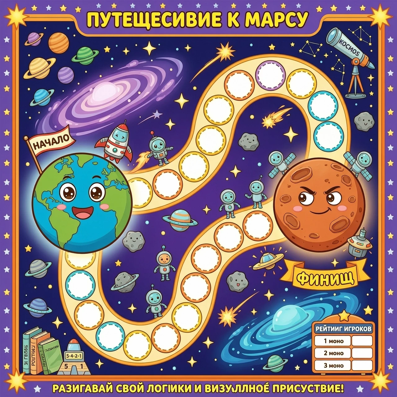 Создай прямоугольное изображение для детской настольной игры-бродилки на космическую тематику. На картинке должен быть изображен красивый космос, фиолетовые галактики, звезды,…