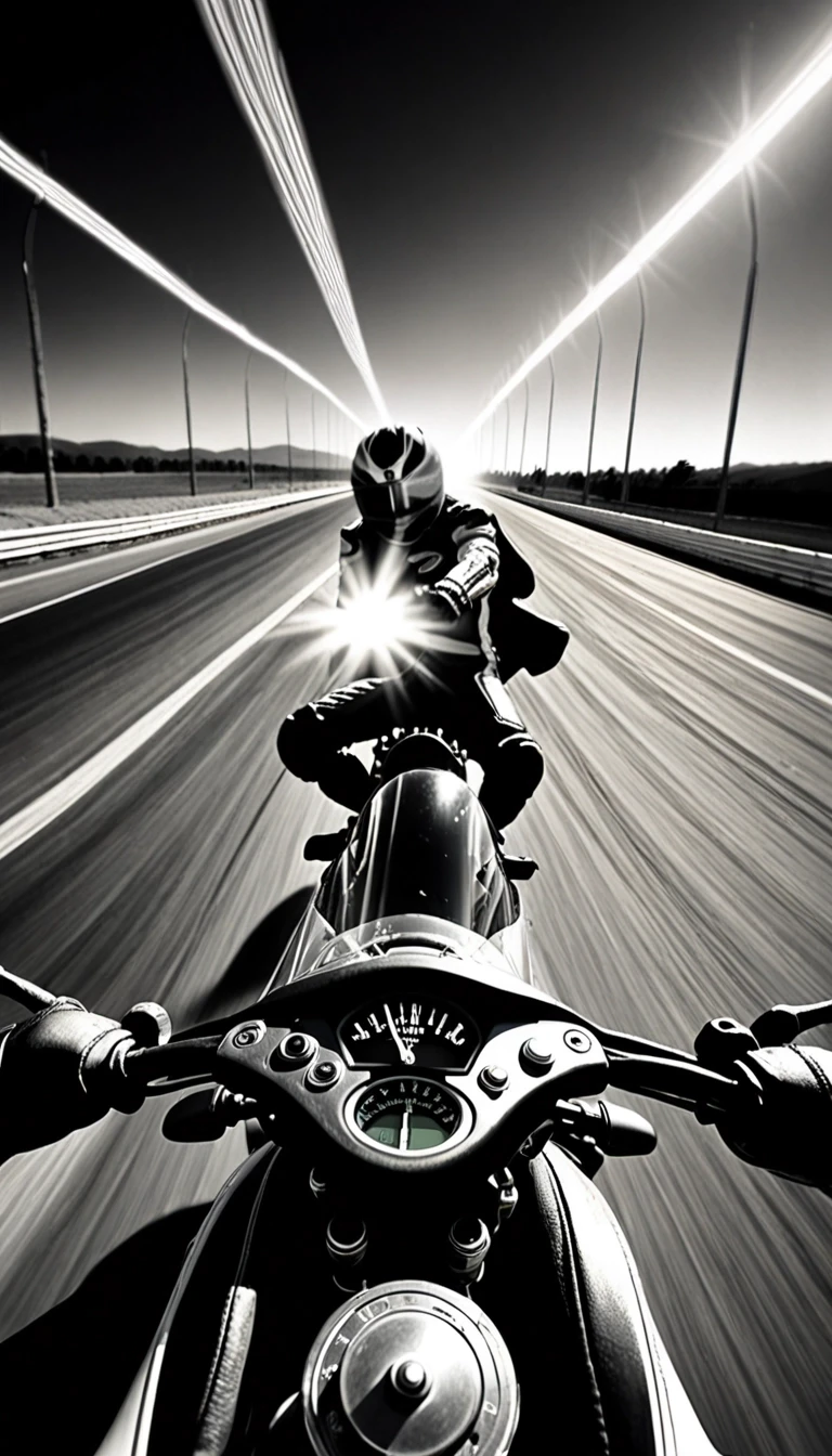 A striking black-and-white, high-speed shot of a motorcyclist on a racetrack; superimposed at the top of the frame is a large, glowing speedometer showing ascending…