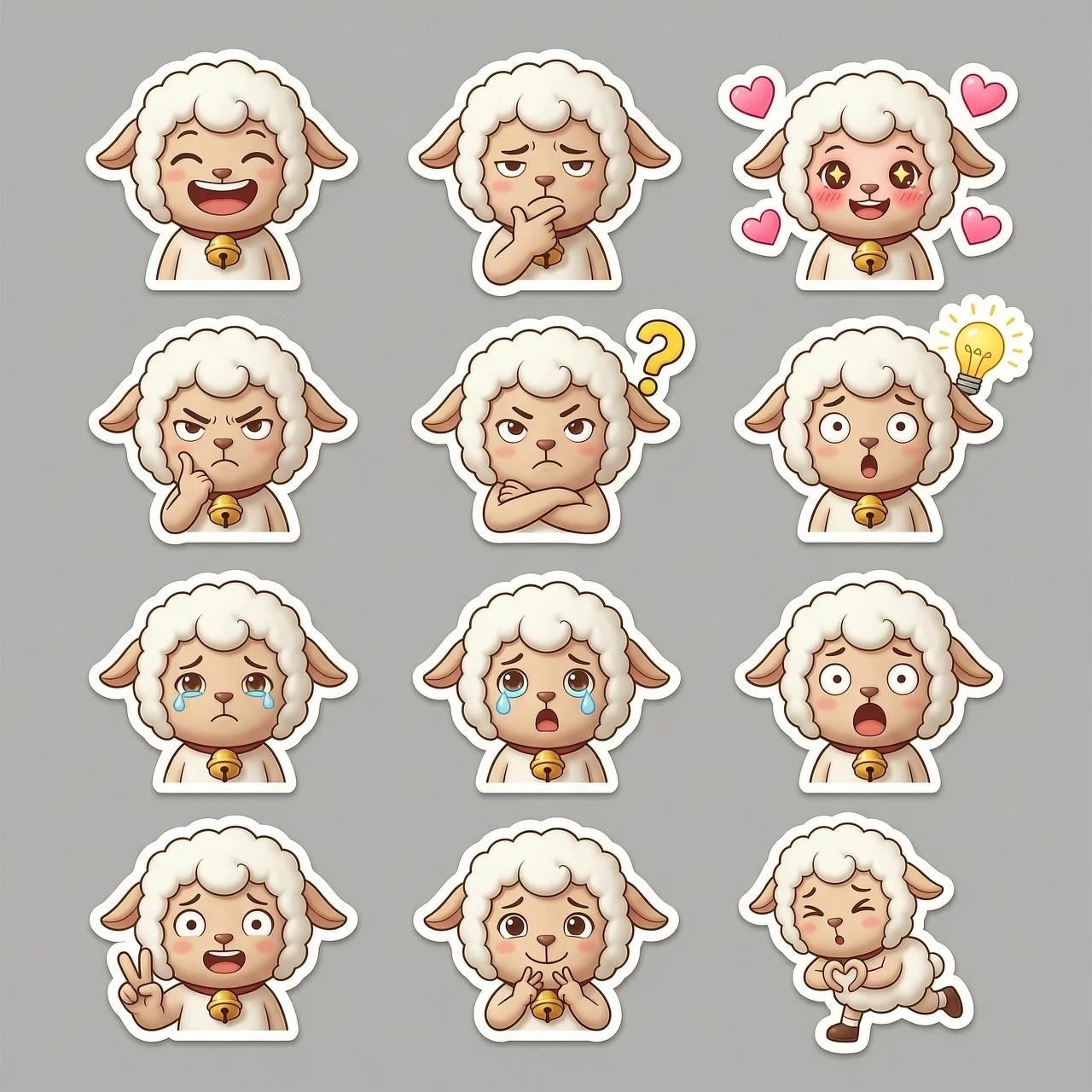 Sticker pack sheet of a cute sheep character, 3D cartoon style, high-quality render, C4D, Octane Render. The character has a bell. The set includes multiple individual stickers…