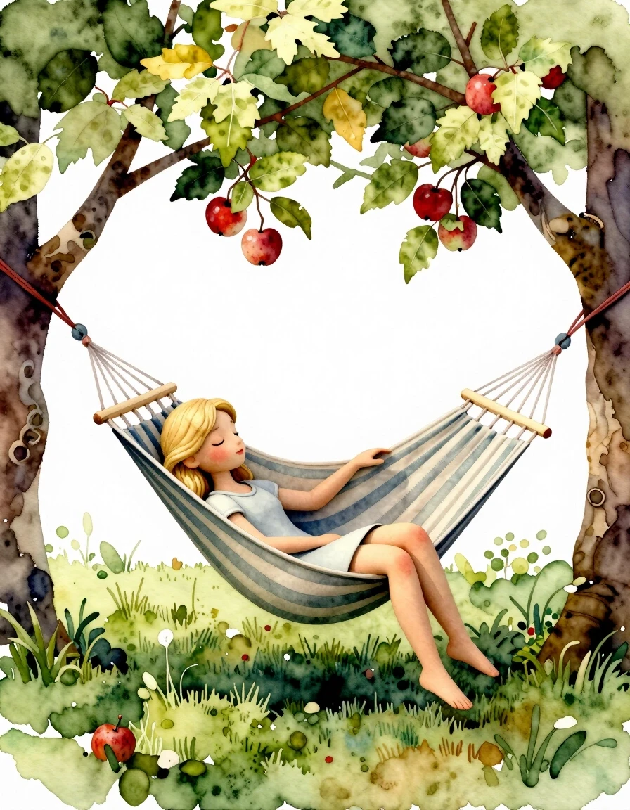 A masterpiece. Create an image. Watercolor painting style: ((Beautiful blonde girl):1.6 dozing in a hammock under the apple trees in the garden):1.6, clear edges, clear…