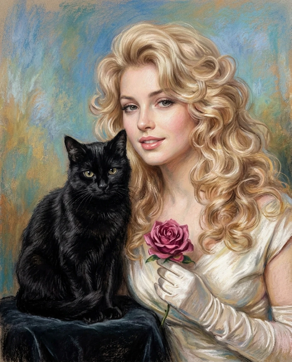 A real masterpiece. How artificial intelligence would depict: ((Aesthetics: Impressionism. The image is made in the pastel technique. An image of a glamorous blonde with a rose,…