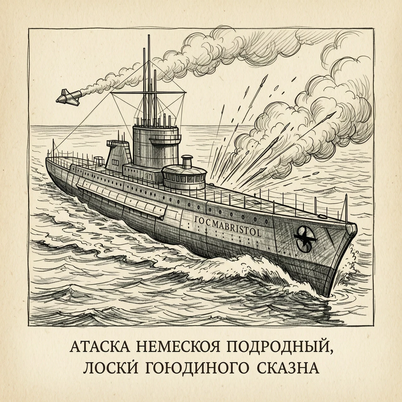 книжная иллюстрация карандашом атака немецкой подводной лодки гражданского судна — работа пользователя Безумная Комета