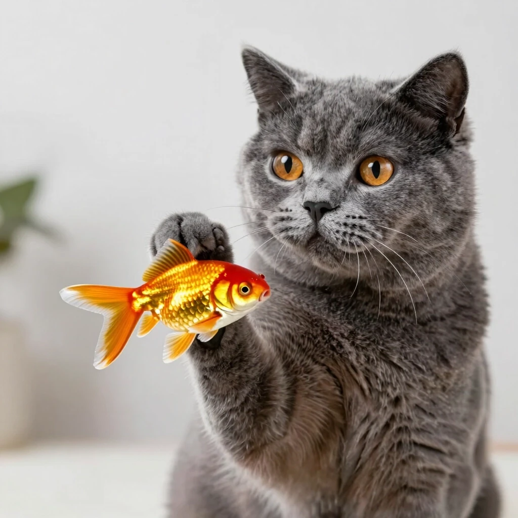 britis cat blue-grey color держит лапой за хвост золотую рыбку: Золотая рыбка 585 пробы, — работа пользователя Искрящаяся Река