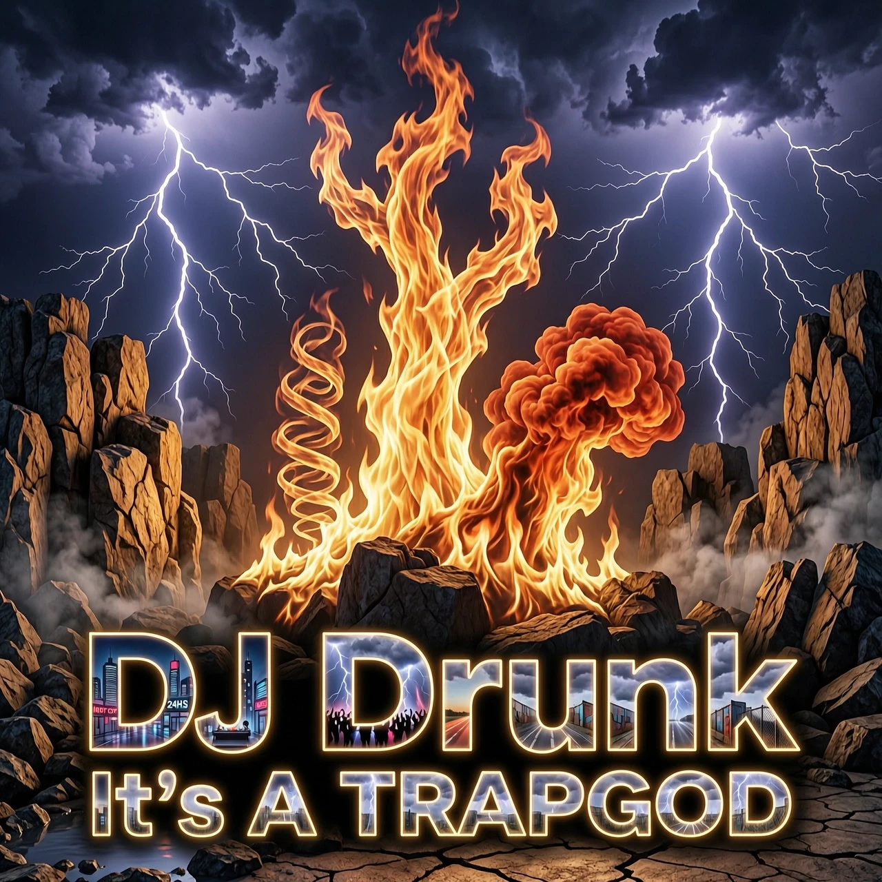Стиль - фотореализм DJ Drunk - It's A TRAPGOD ФОН - огонь необычной формы Не используй людей и микшерный пультр на фото. Использвуй только огонь Шрифт сделай прозрачным но…
