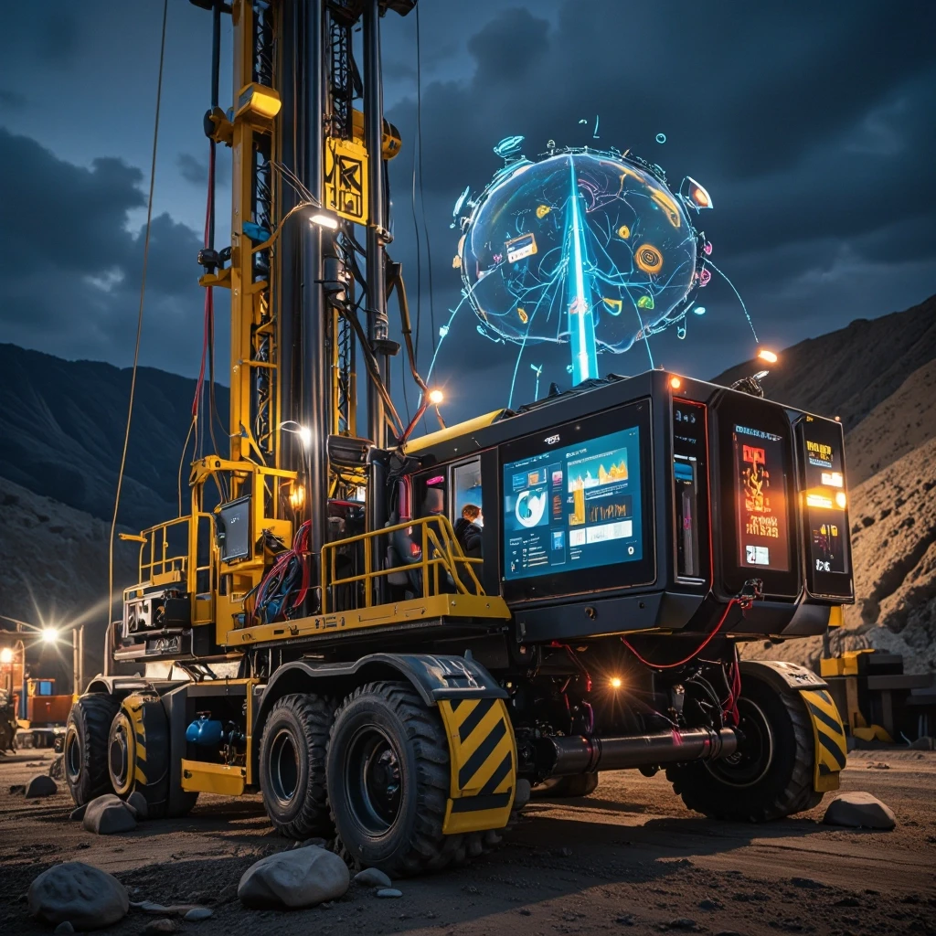 **"A hyper-realistic, cinematic wide-shot of a state-of-the-art drilling rig as a 'living system'. The image merges physical form with digital intelligence. In the…